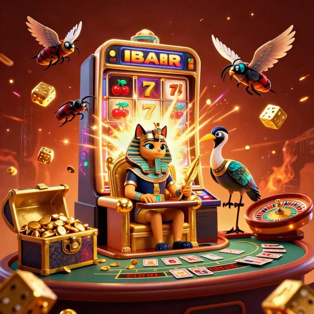 Pharaoh cat casino jackpot scene with spinning roulette, gold coins, and electric neon glow.