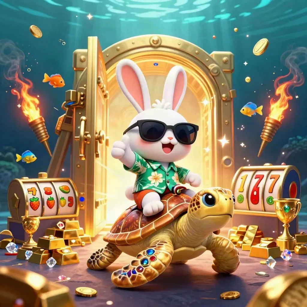 Lucky rabbit rides a gold sea turtle as treasure bursts through an underwater casino glow.