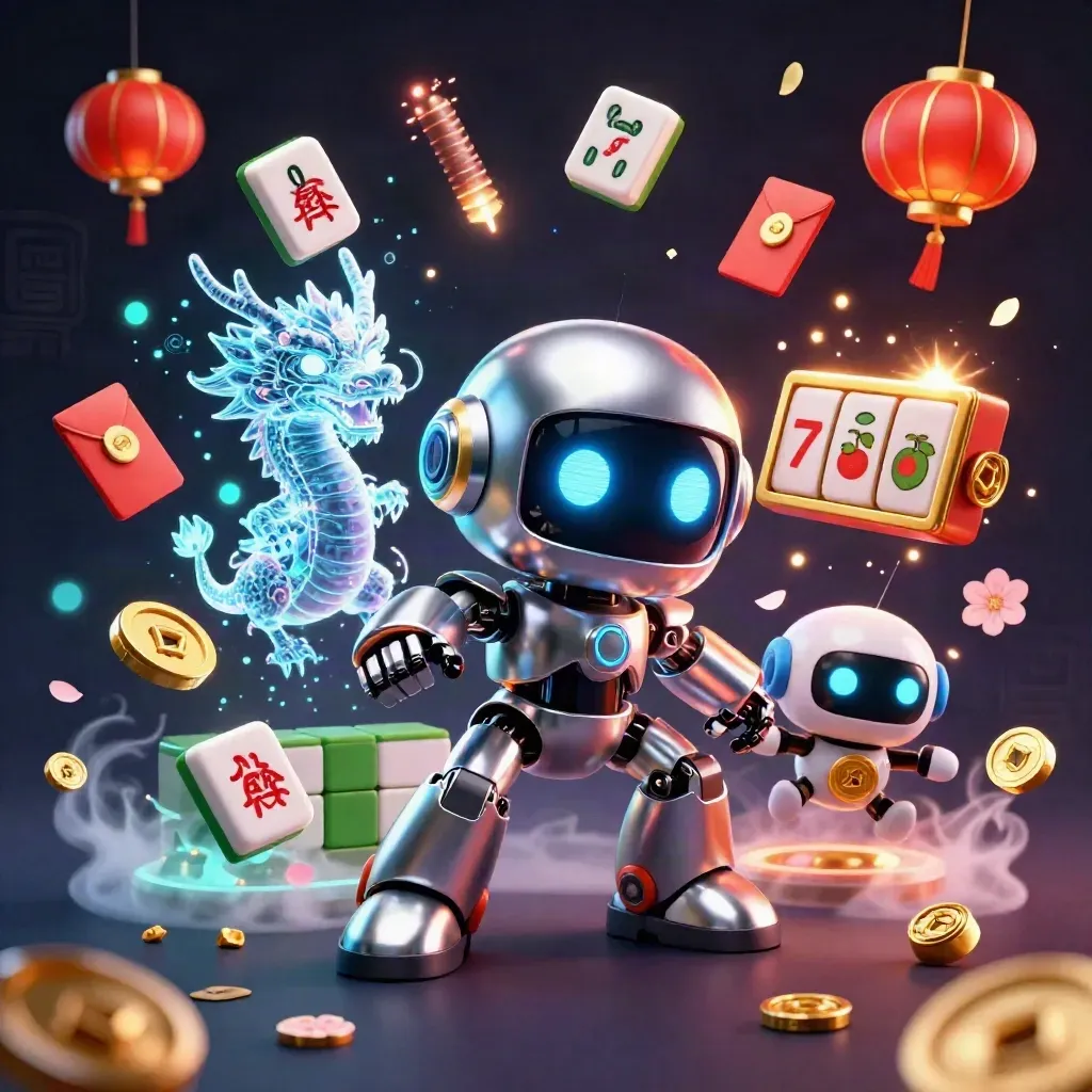 Cyberpunk robot, holographic dragon, and coin drone amid casino jackpot effects on a dark navy glow.