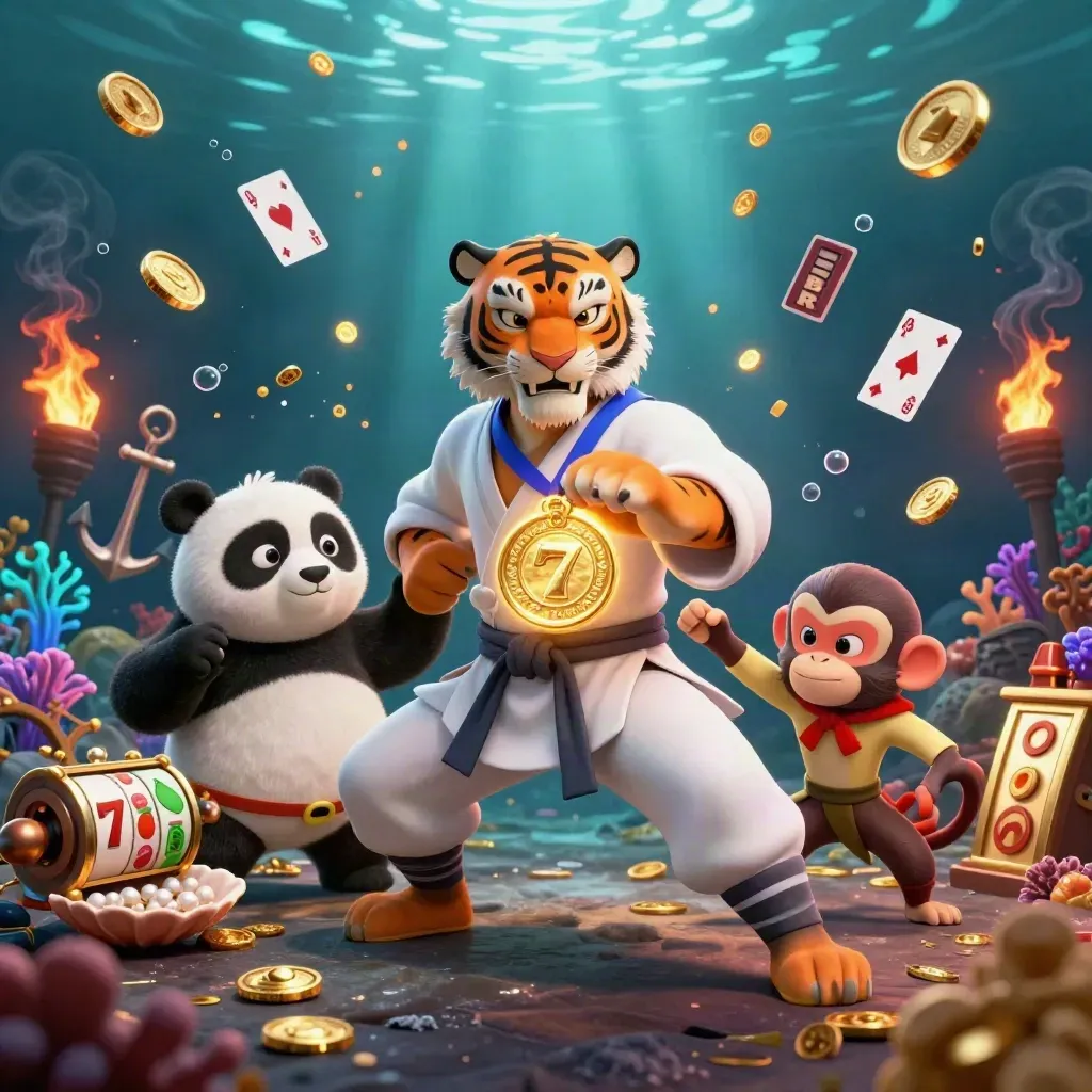 Kung-fu tiger, panda disciple, and monkey thief in an underwater roulette jackpot treasure cove.