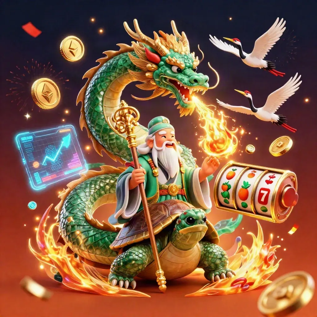 Emerald dragon, turtle sage and cranes amid roulette coins, jackpots and casino sparks.