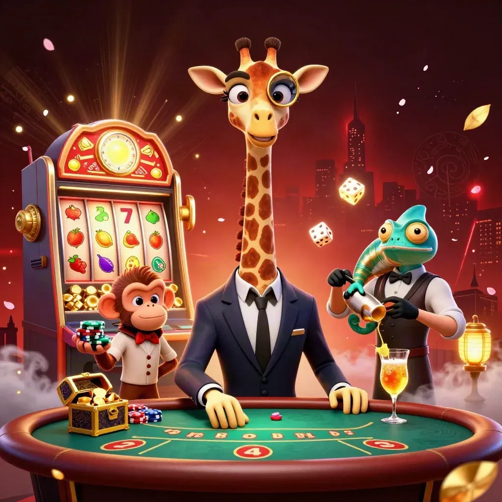 Giraffe, monkey valet, and chameleon bartender in a jackpot casino splash scene.
