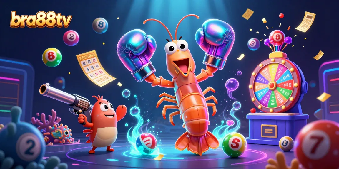 Engage with bra88tv as lottery balls and vibrant prizes surround boxing mantis shrimp in a casino-themed scene.