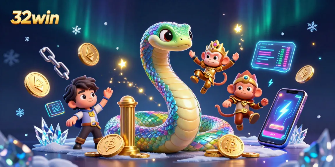 Engage with the vibrant world of 32win featuring a rainbow serpent and monkey king among glowing crypto games.