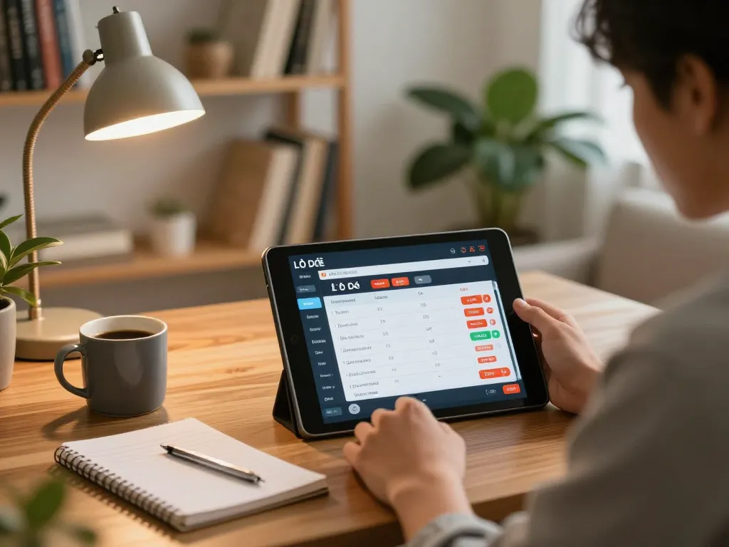 Engaging in Lô đề online betting from a cozy home setup with strategy notes.