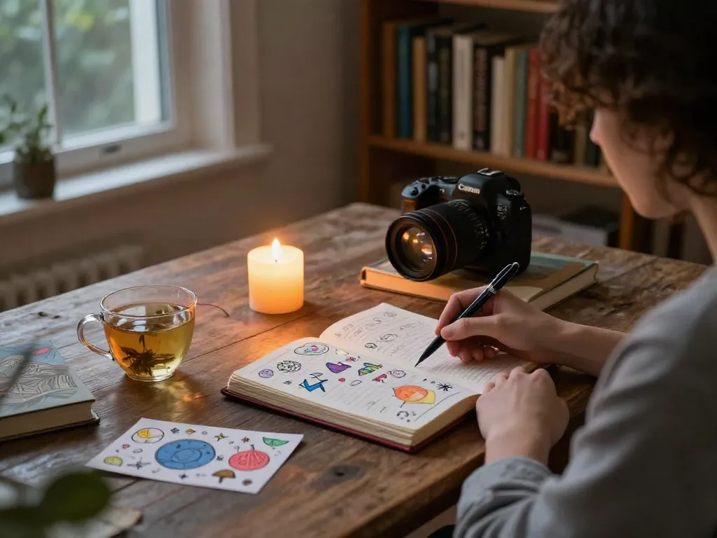 Analisis mimpi dengan bukumimpi138 di meja kayu dengan lilin dan catatan mimpi.