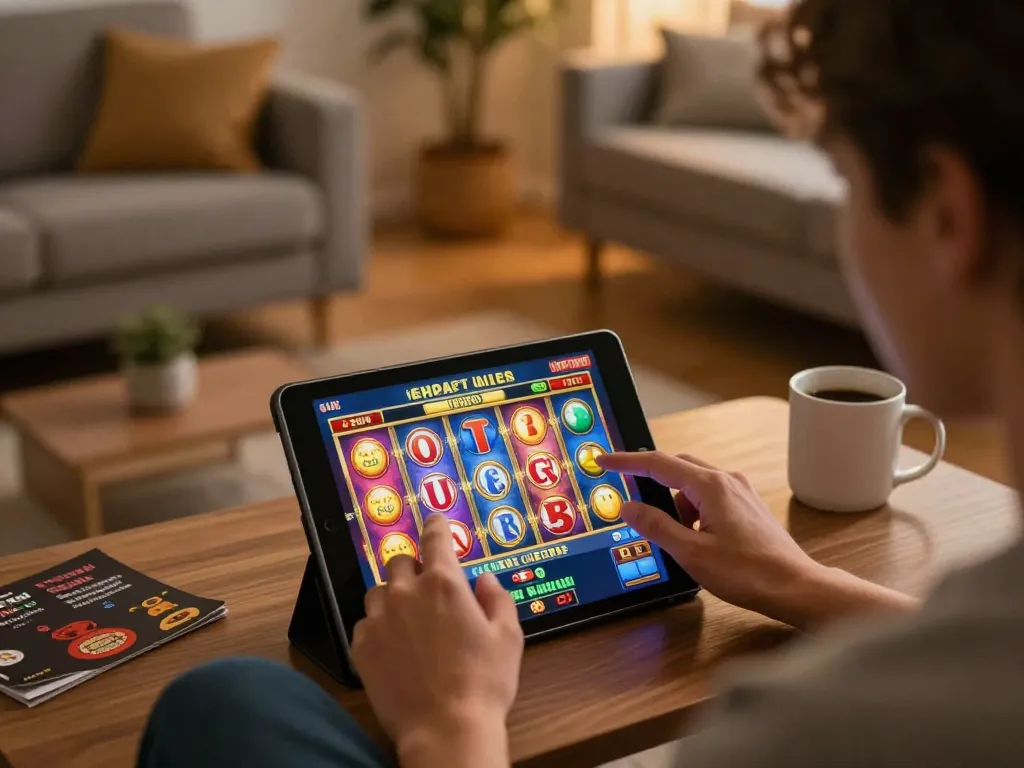 Playing slot games on a tablet while relaxing at home, capturing the engaging atmosphere of https://8k8.fan/.