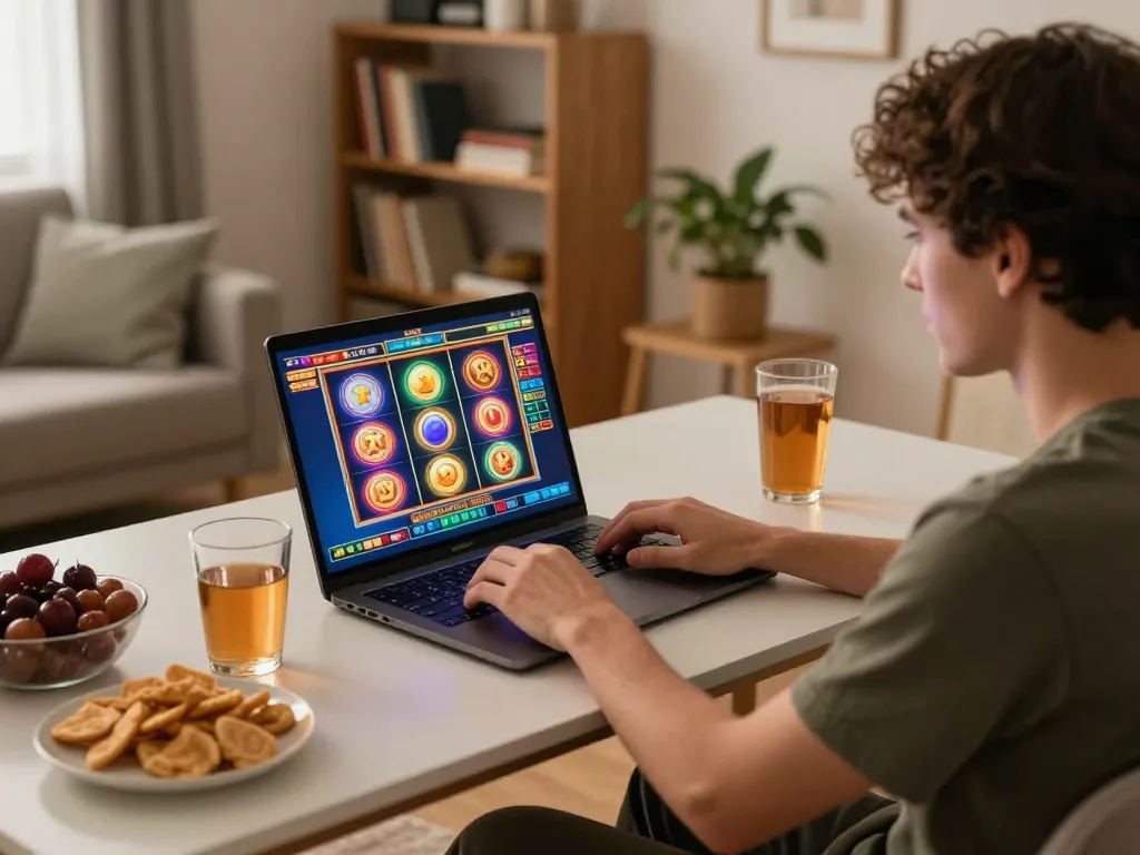 Pemain bermain aman788 slot gacor di laptop mereka dalam lingkungan rumah yang nyaman