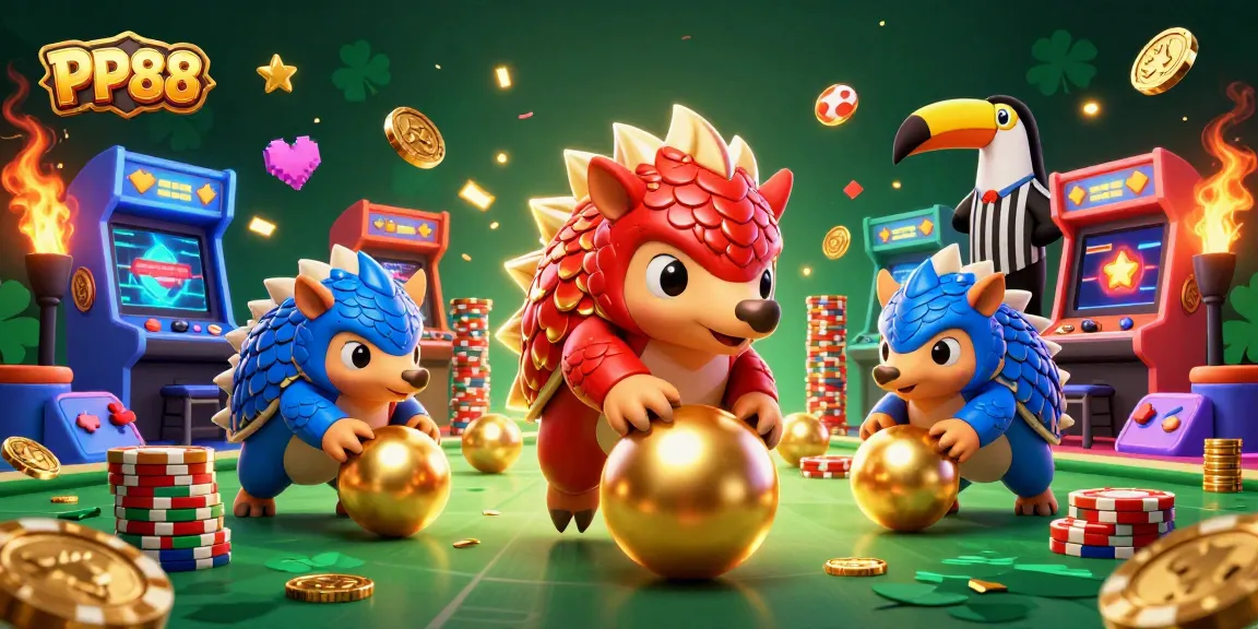 PP88 pangolins compete in a lively casino scene filled with poker chips and colorful arcade games.