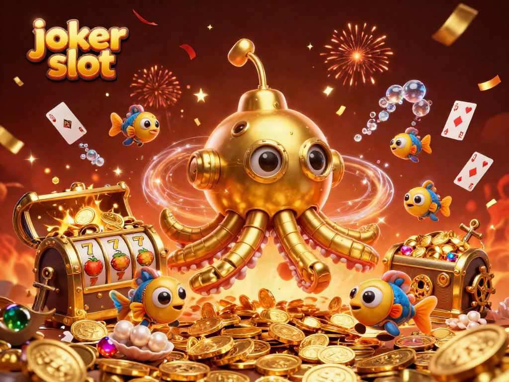 Menangkan joker slot dengan ilustrasi 3D kraken emas dan koin berkilau.