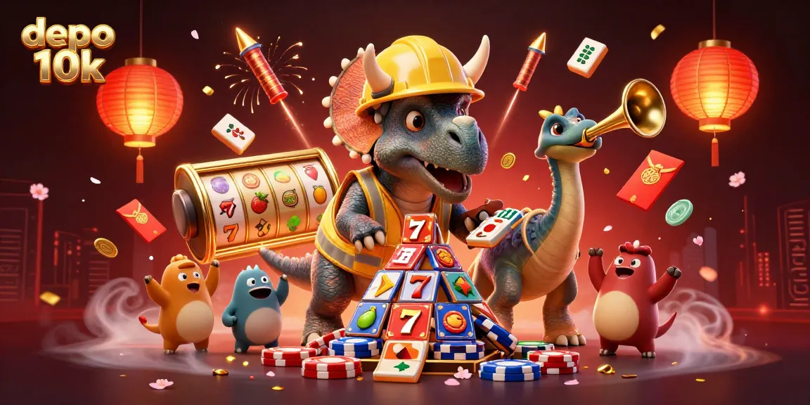Celebrate wins at depo 10k slots with a dynamic 3D cartoon scene of a triceratops and friends.