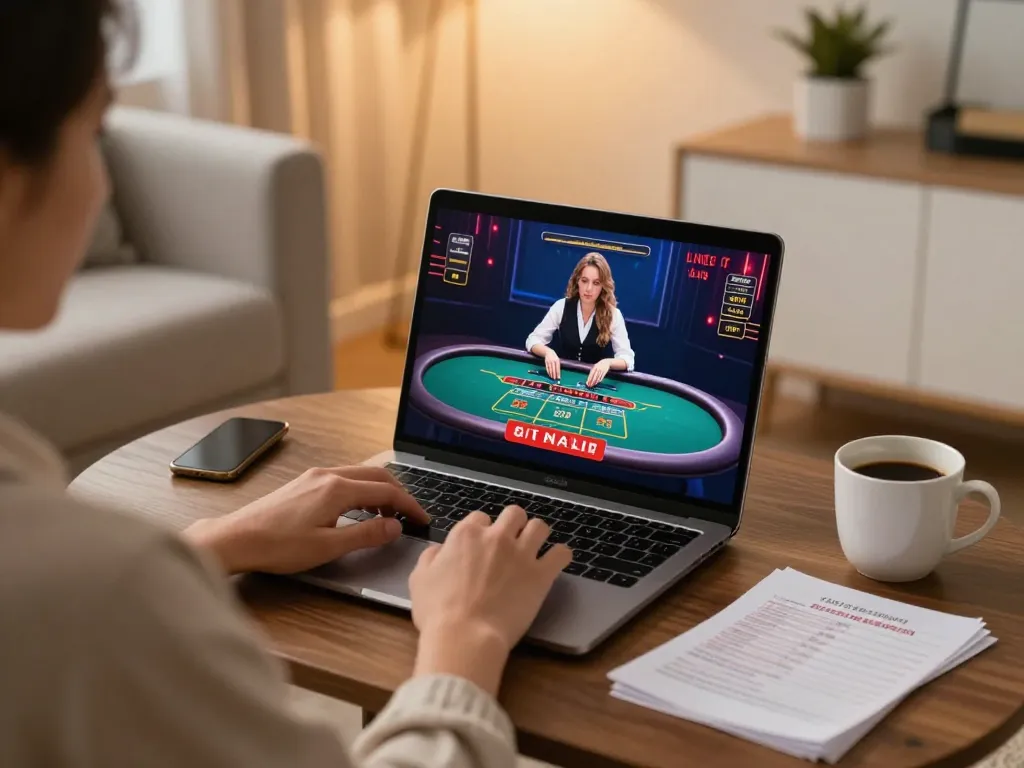 Engaging in online gaming at open88.com with live dealer table on screen while taking strategic notes.