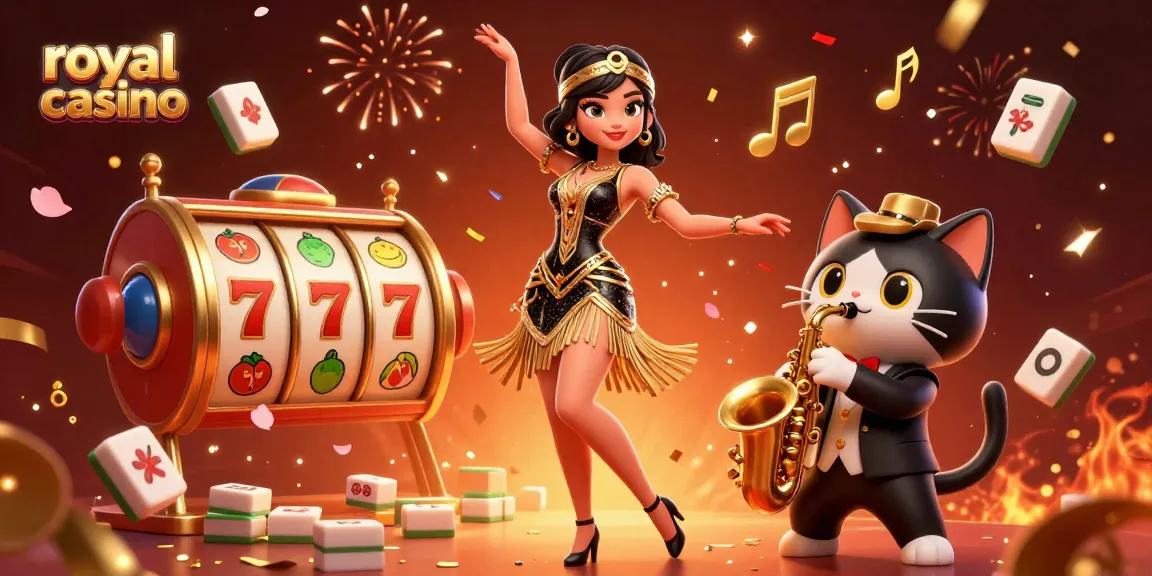 Experience the thrill of royal casino gaming with this vibrant, 3D illustrated scene featuring lively characters and slot reels.
