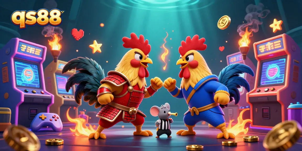 Engage in thrilling bets at qs88, showcasing a fierce rooster duel with dynamic casino elements.
