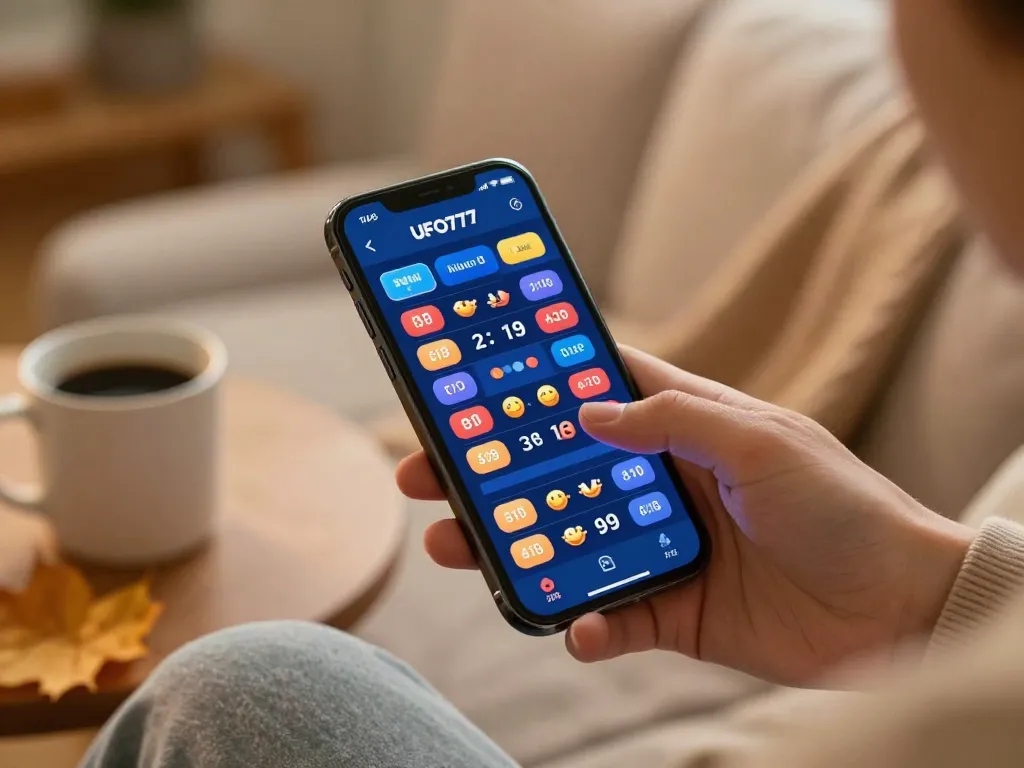 Engaging with the UFO777 app for real-time lottery results in a cozy home setting