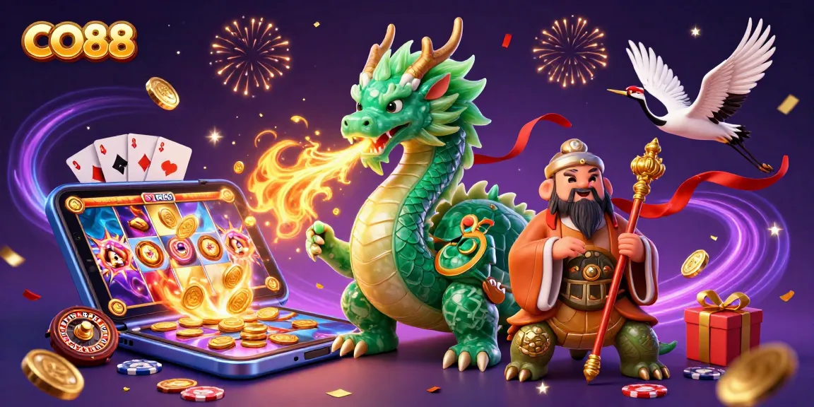 Experience the exciting world of CO88 with a jade dragon and magical casino elements.
