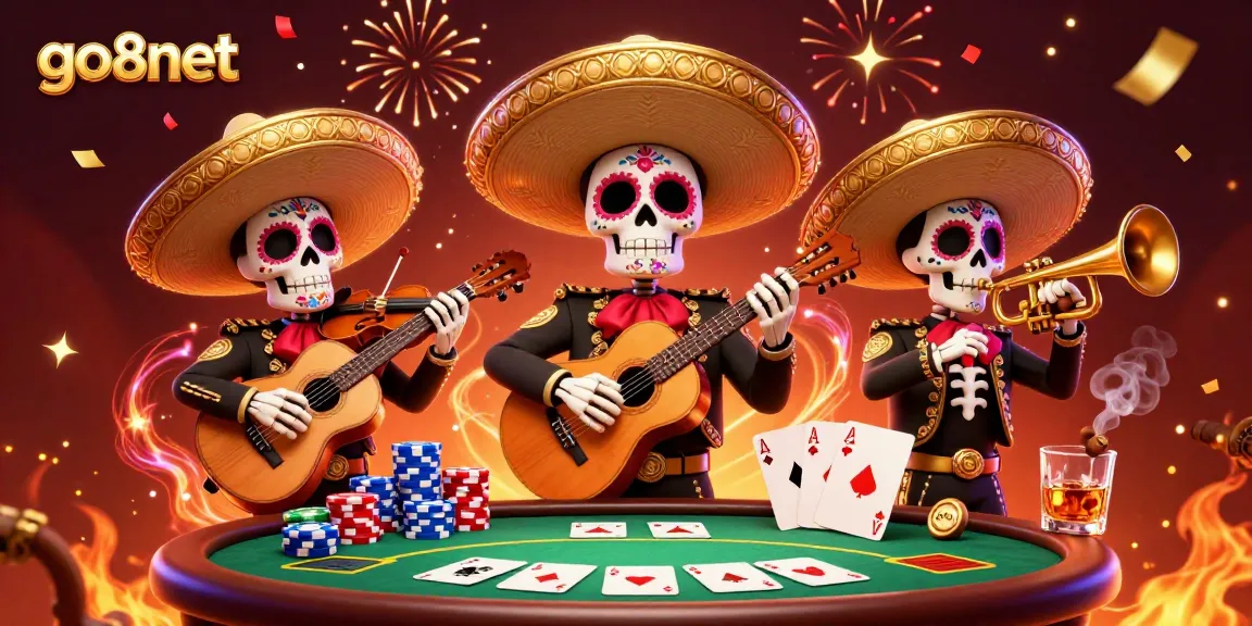 Experience thrilling poker action at go8net with vibrant Day of the Dead-themed gambling illustration.