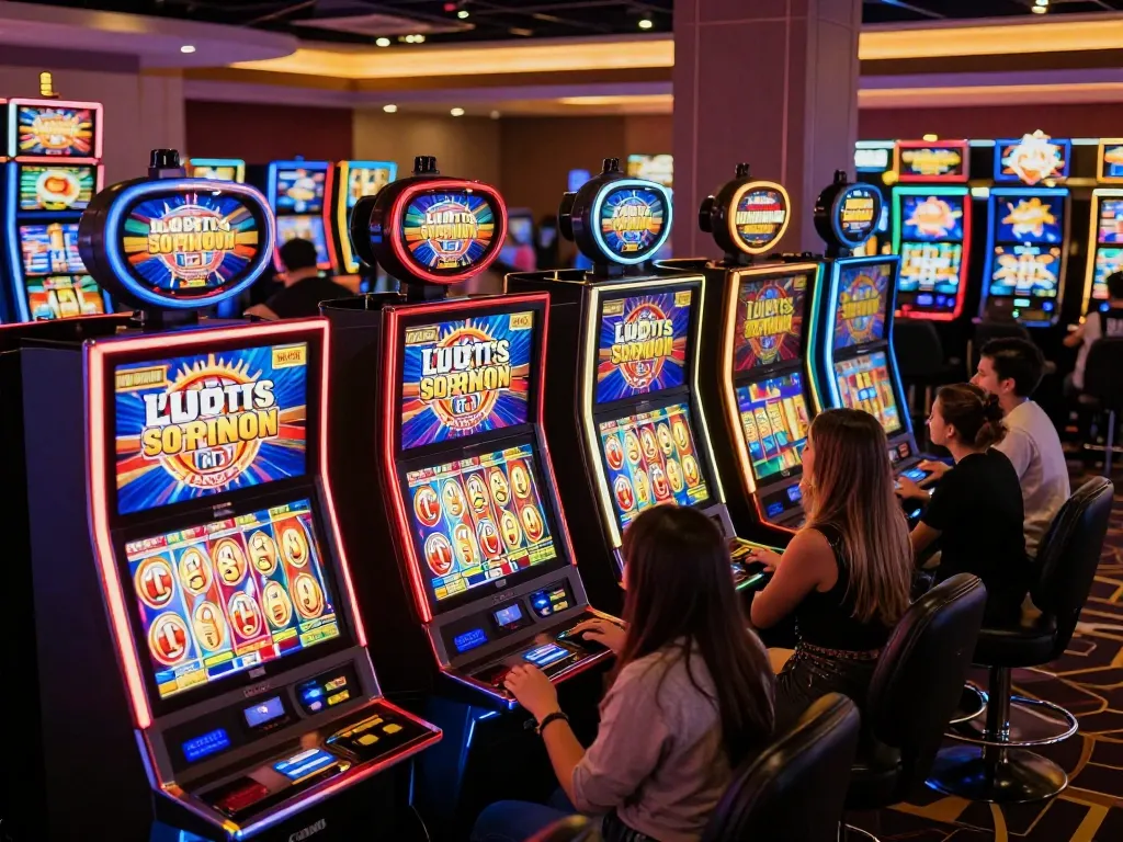 Pemain berinteraksi dengan mesin slot berwarna-warni, terbenam dalam pengalaman bermain yang mendebarkan.