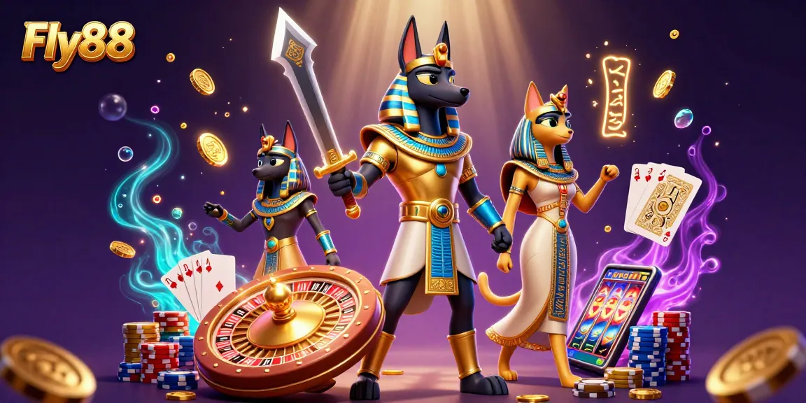 Spin and win with Fly88's dynamic casino scene featuring Anubis and Bastet amidst treasures.