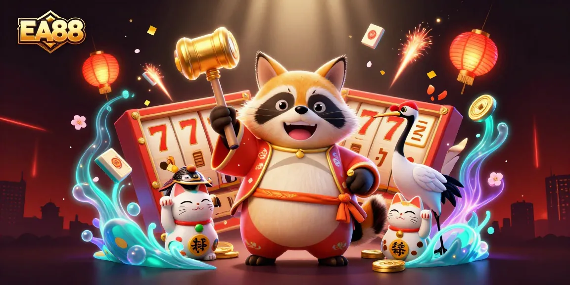 Win big with EA88, featuring vibrant casino elements like glowing cherry blossoms and joyful characters.