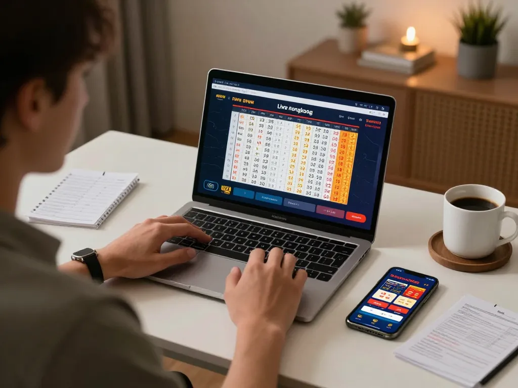Engaged player analyzing togel hongkong results on laptop in a cozy home environment