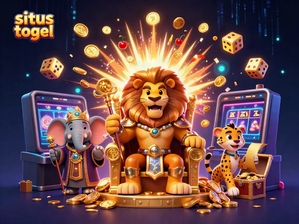 Experience situs togel excitement with a vibrant casino scene featuring a lion king, elephant, and cheetah amidst dynamic gaming elements.