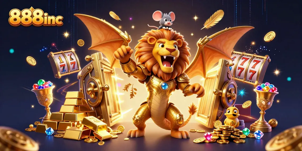 Experience the thrill of 888inc with a dynamic 3D illustration featuring a victorious chimera and treasure elements.