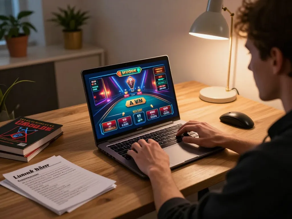 Player enjoying sun win online gaming experience on a stylish laptop at home, with strategy notes visible.