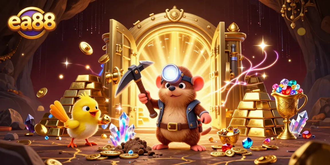 ea88 treasure hunting in a vibrant casino scene filled with gems and golden vaults