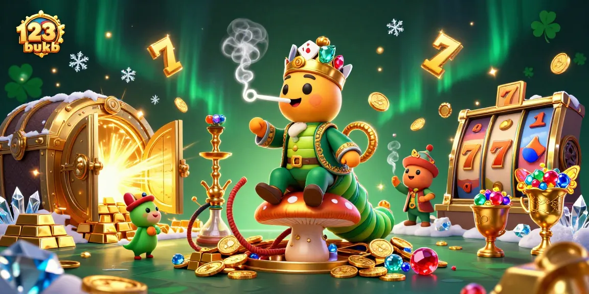 Experience thrilling moments at 123bukb with a vibrant casino-themed illustration featuring a caterpillar smoking poker symbols.