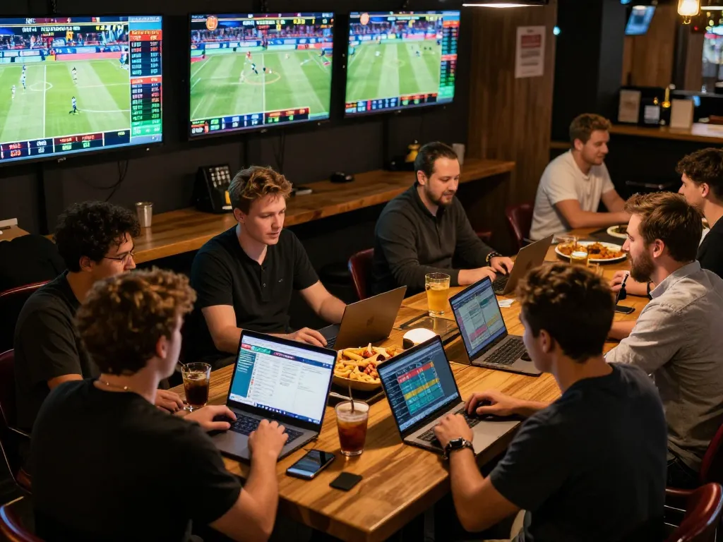 Iwin players engaging in live sports betting, surrounded by screens displaying odds