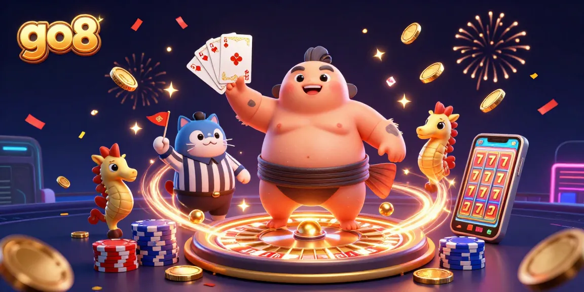 Win big with go8 in this vibrant underwater casino illustration featuring energetic characters and exciting game elements.