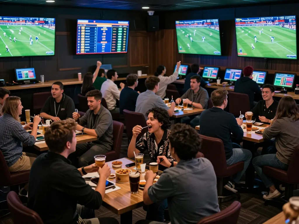 KQBD live sports betting scene showing fans cheering and engaging with betting odds on screens