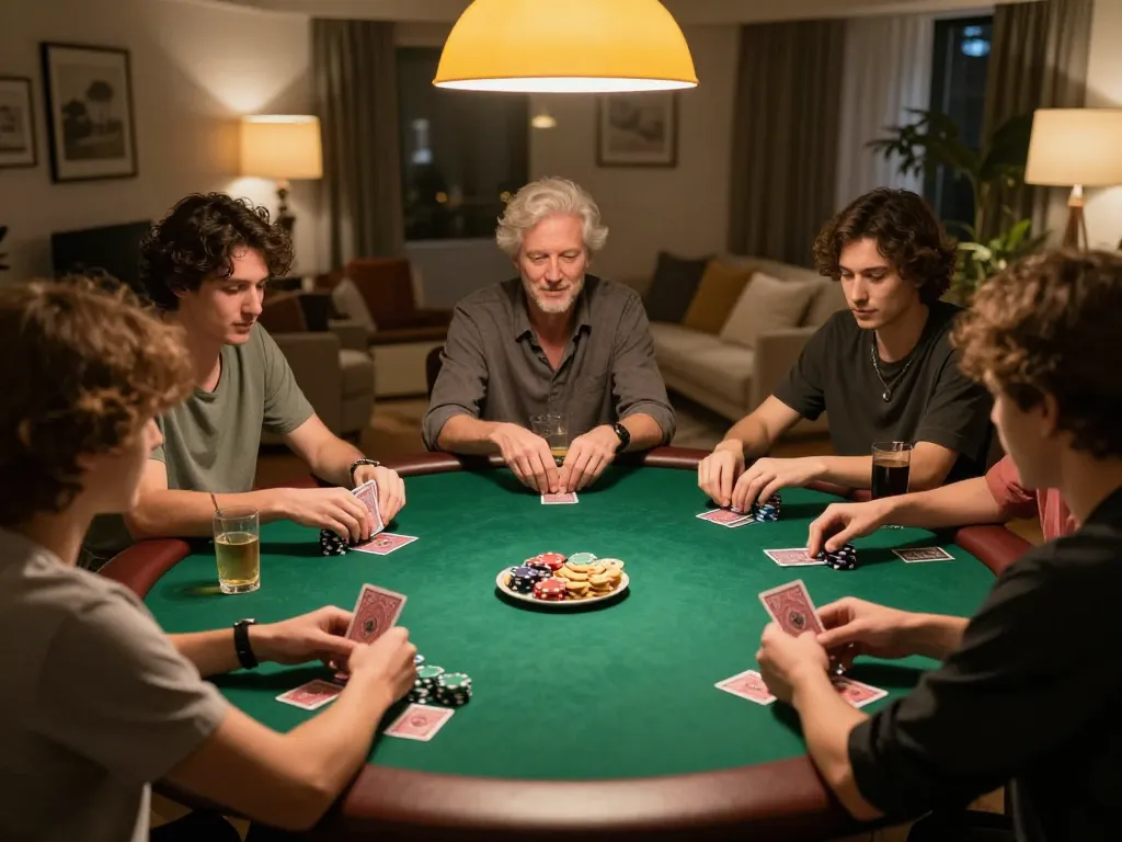 kp88 nhà cái players enjoying an exciting home poker game night with chips and cards