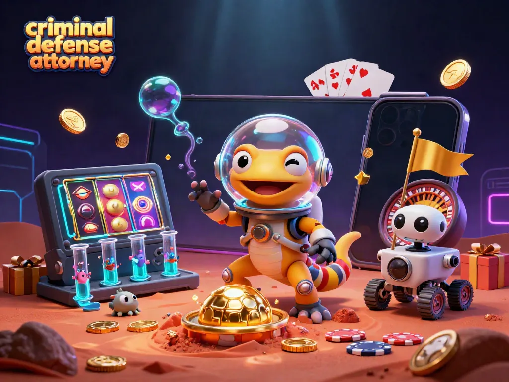 Catch the excitement at the casino with a criminal defense attorney-themed alien scene showcasing engaging slot games and vibrant casino elements.