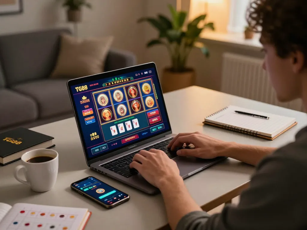 Engaging in online casino gameplay at TG88 with laptop and phone apps