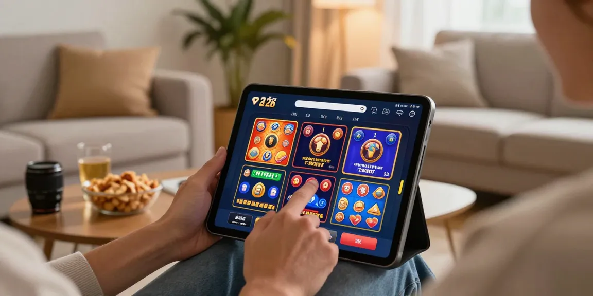 Player exploring best new online casinos on a tablet in a cozy living room setting.