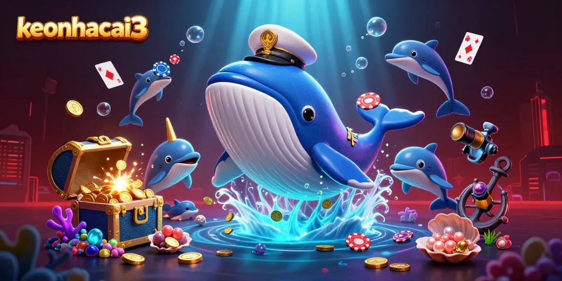 Bet on keonhacai3 with playful dolphins and a giant whale in a vibrant underwater casino scene.