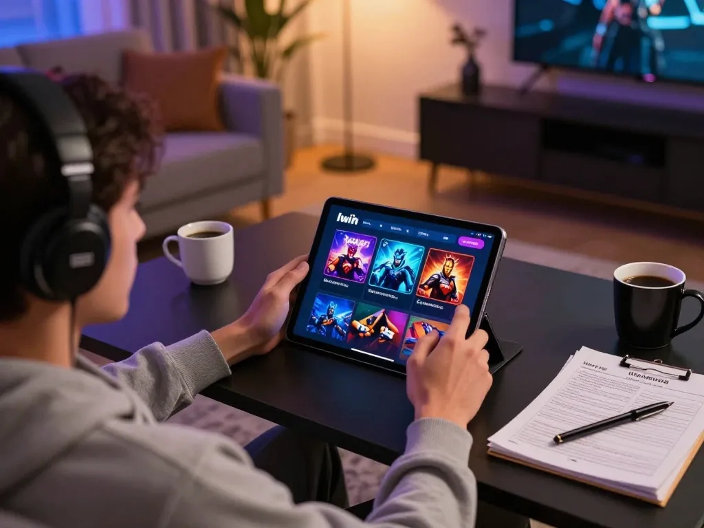 Iwin player engaging with casino app on tablet in a cozy gaming setup