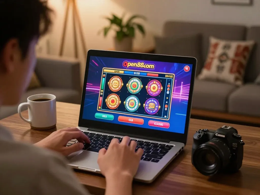 Engaging in online gaming at home on open88.com with vibrant slot games displayed.