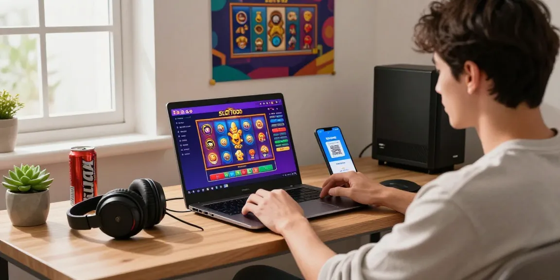Exciting SLOT7000 gaming experience at home with vibrant slot graphics and user engaging through QRIS payments.