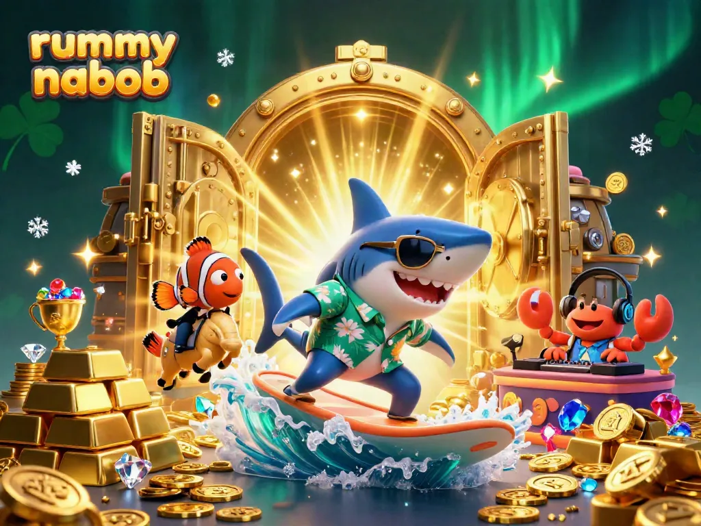 Rummy Nabob memberikan keseruan bermain dengan gambar hiu mengemudikan uang koin emas.
