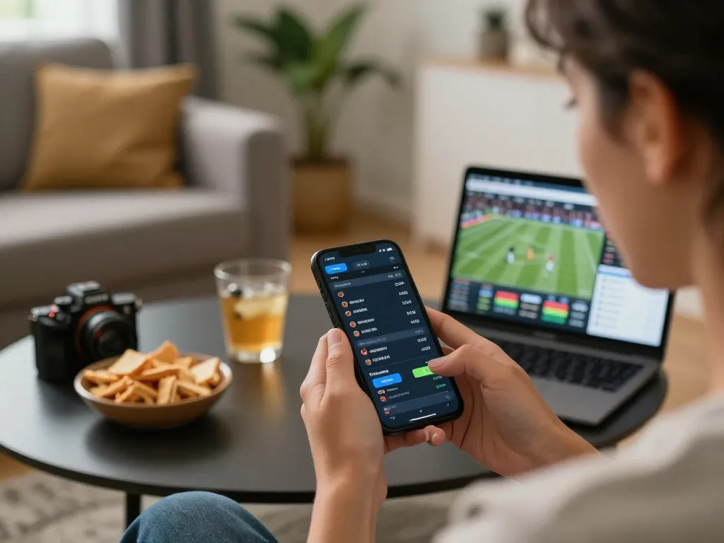 Engaged in ดูหนังออนไลน์ฟรี while sports betting on smartphone in cozy setting.