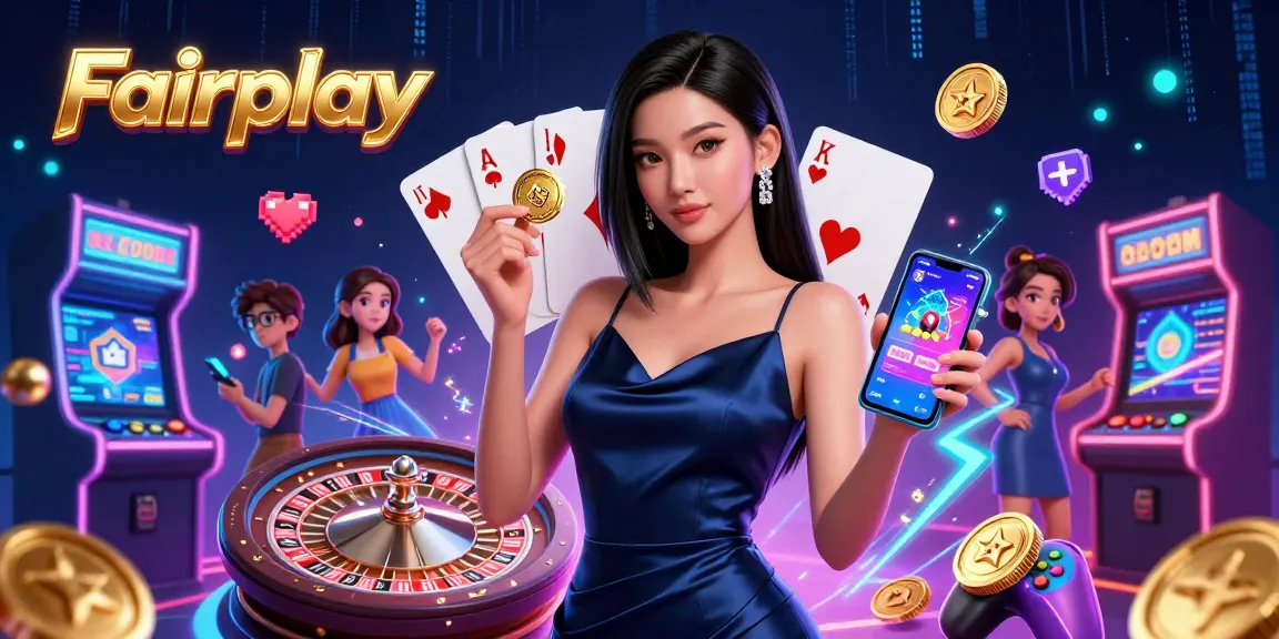 Experience Fairplay in a vibrant casino scene with dynamic game elements and a confident player.
