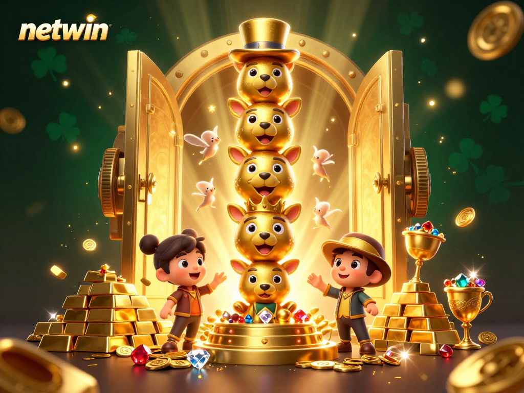 Experience the thrill of netwin with a vibrant casino-inspired 3D illustration showcasing golden treasures.