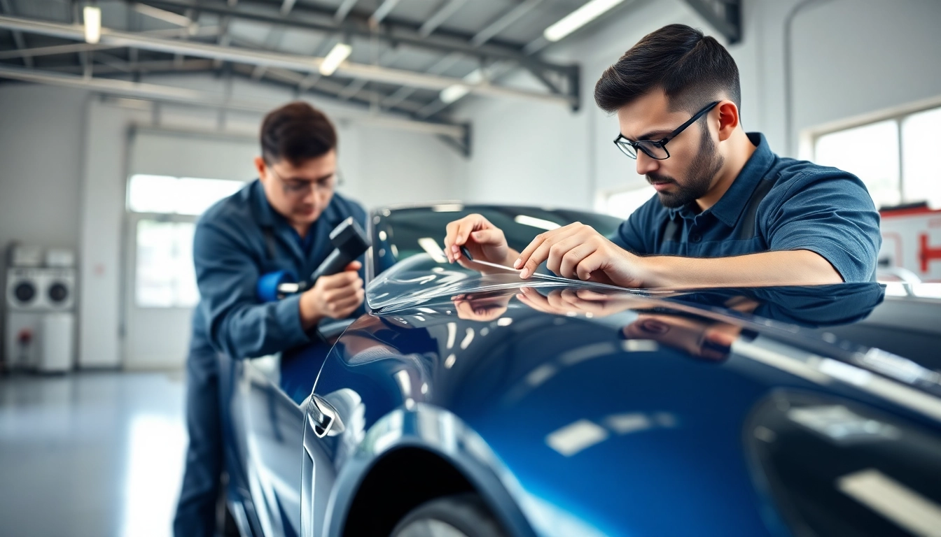 Apply paint protection film near me with an expert on a sports car in a bright workshop.