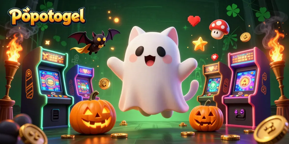 Play with popotogel's exciting slots featuring a ghost cat and vibrant arcade machines glowing in a haunted casino.