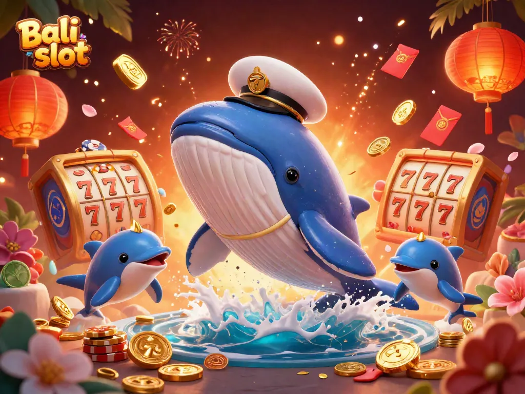Experience thrilling gaming with Bali slot’s vibrant scene featuring playful whales, dolphins, and striking casino symbols.