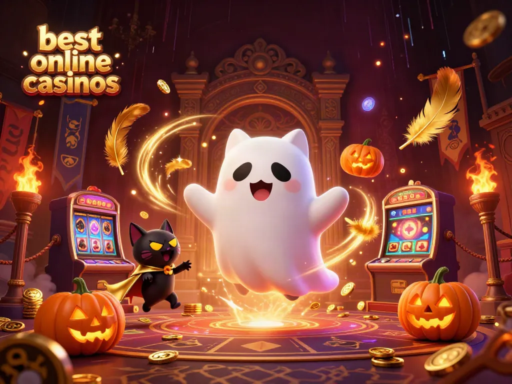 Explore the best online casinos in an enchanting scene with a friendly ghost cat and spooky elements.