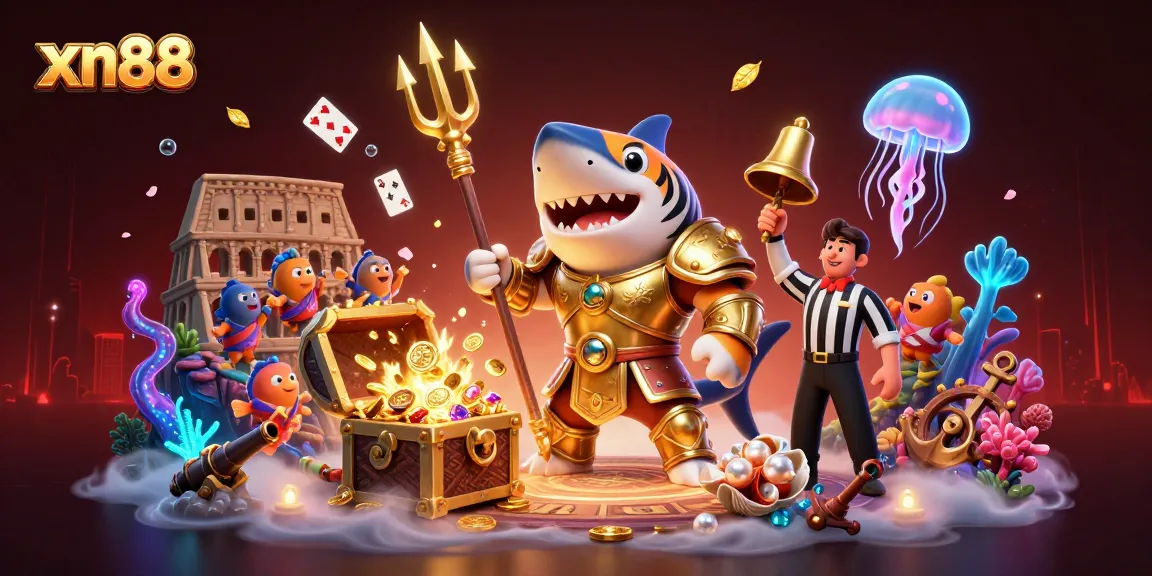 Experience the thrilling underwater action at xn88, featuring a tiger shark gladiator in a casino colosseum.
